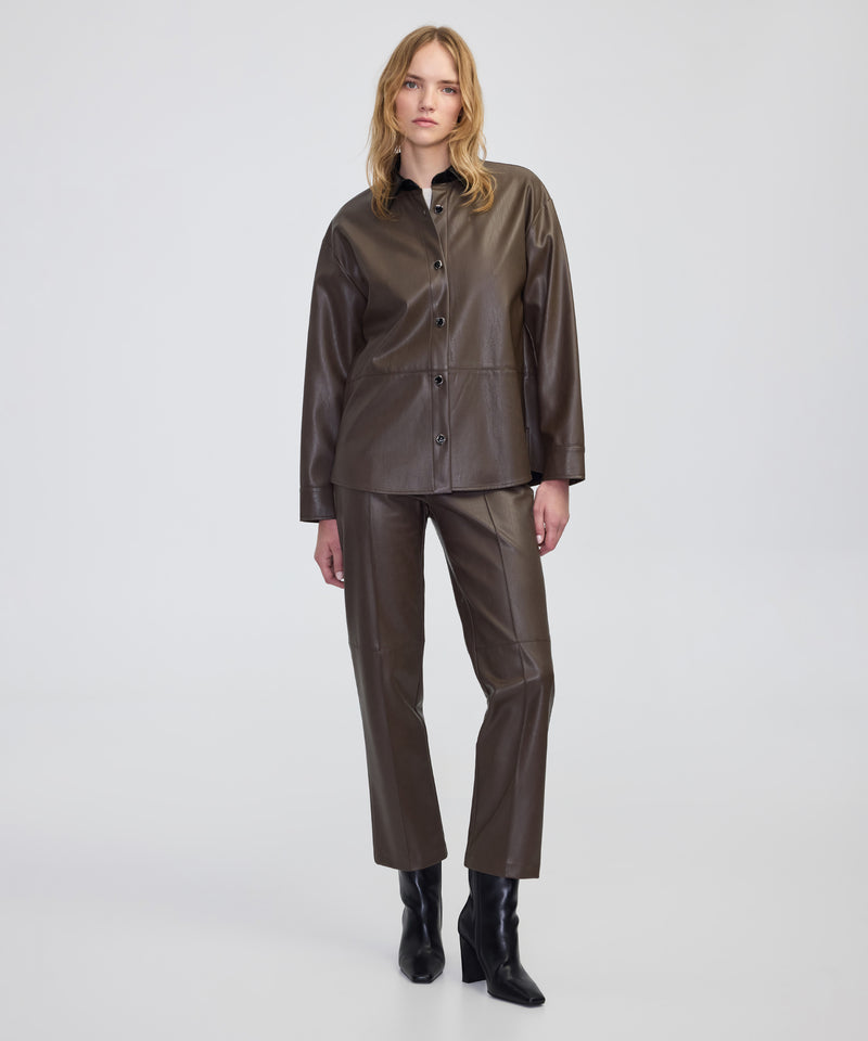 Ipekyol Contrast Collar Leather-Effect Shirt  Brown