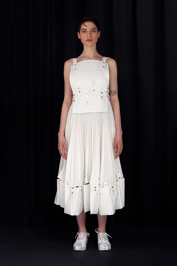NU Snap Detailed Pleated Midi Skirt Off White