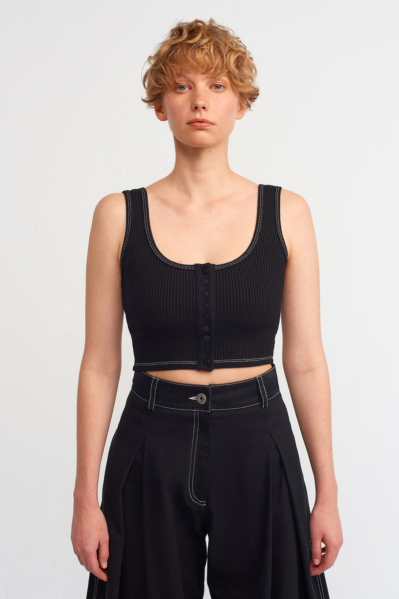 NU Contrast Stitch Detail Rib Crop Top Natural/Black
