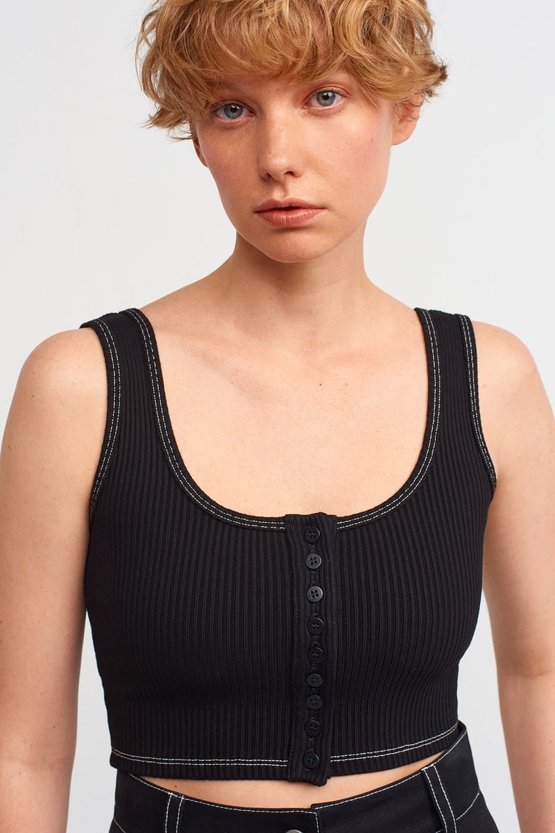 NU Contrast Stitch Detail Rib Crop Top Natural/Black
