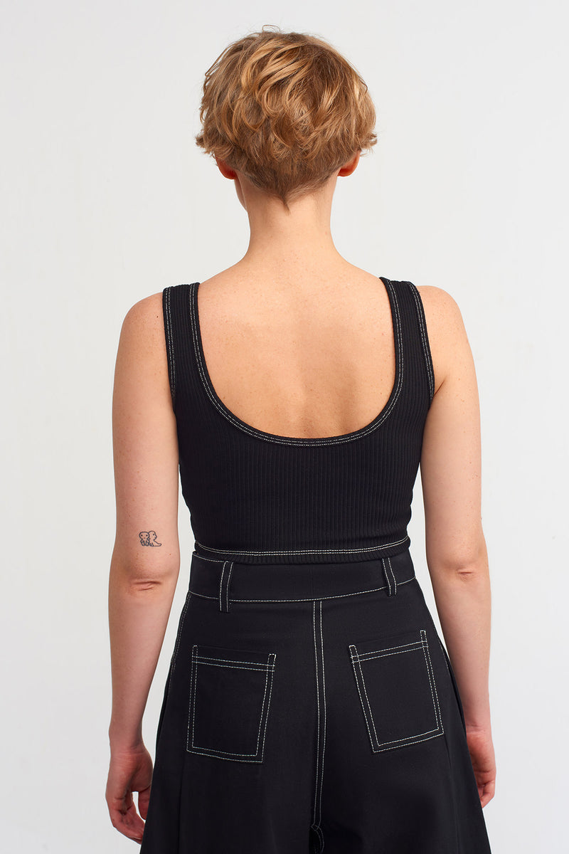NU Contrast Stitch Detail Rib Crop Top Natural/Black