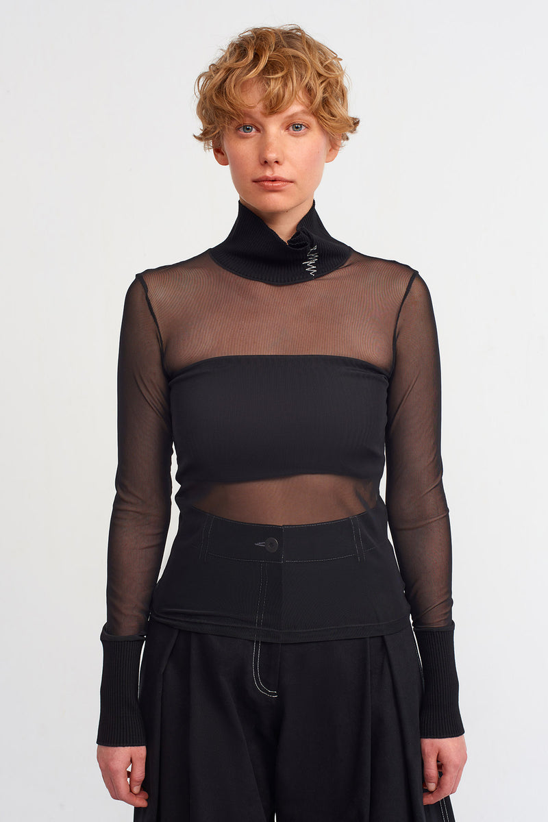 NU Collar With Embroidered Detail Mesh Top Natural/Black