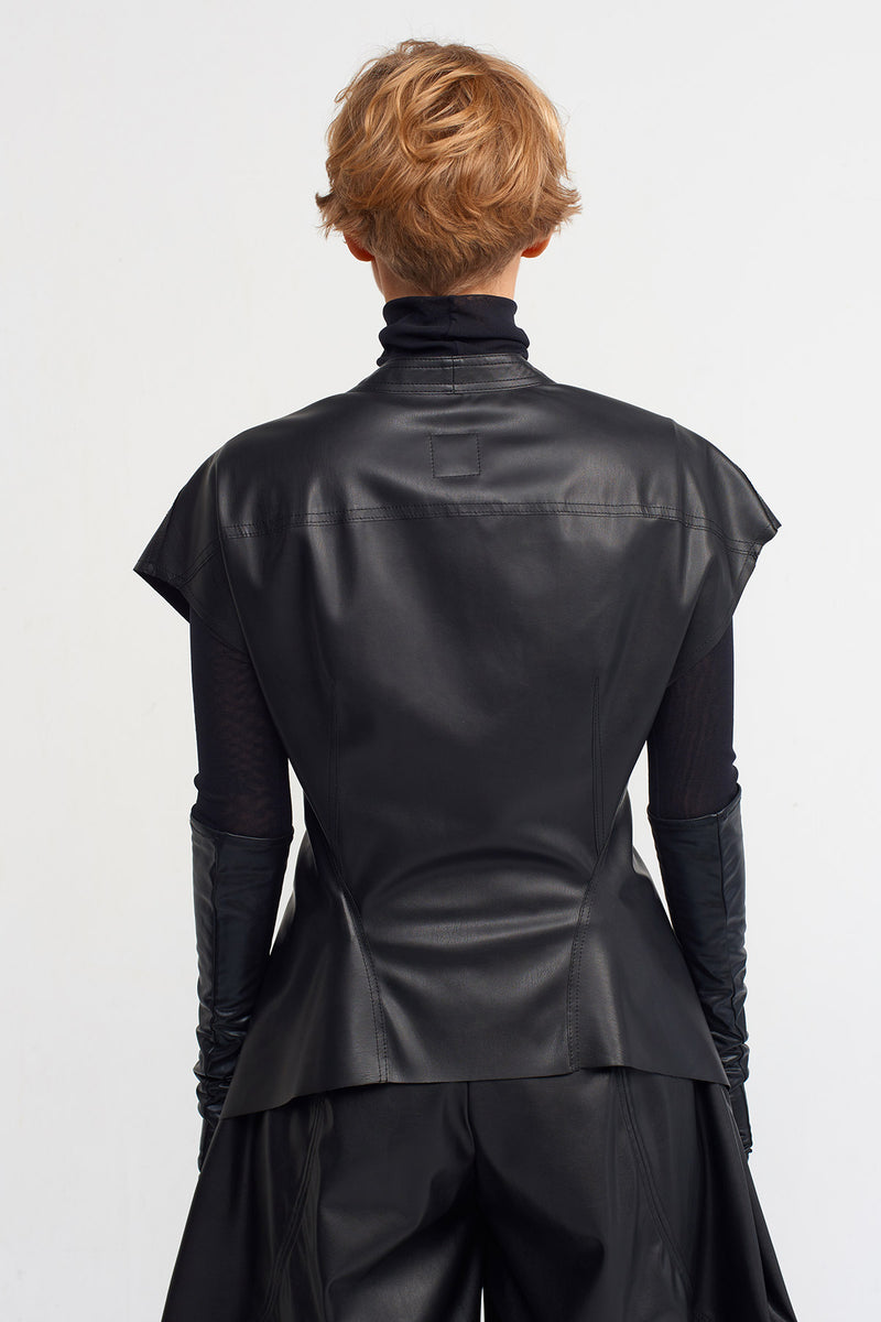 NU V-Neck Leather Look Blouse Black