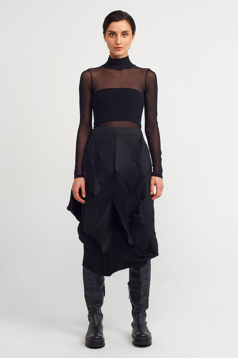 NU Asymmetric Midi Pleated Skirt Black