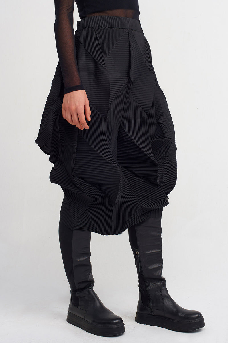 NU Asymmetric Midi Pleated Skirt Black
