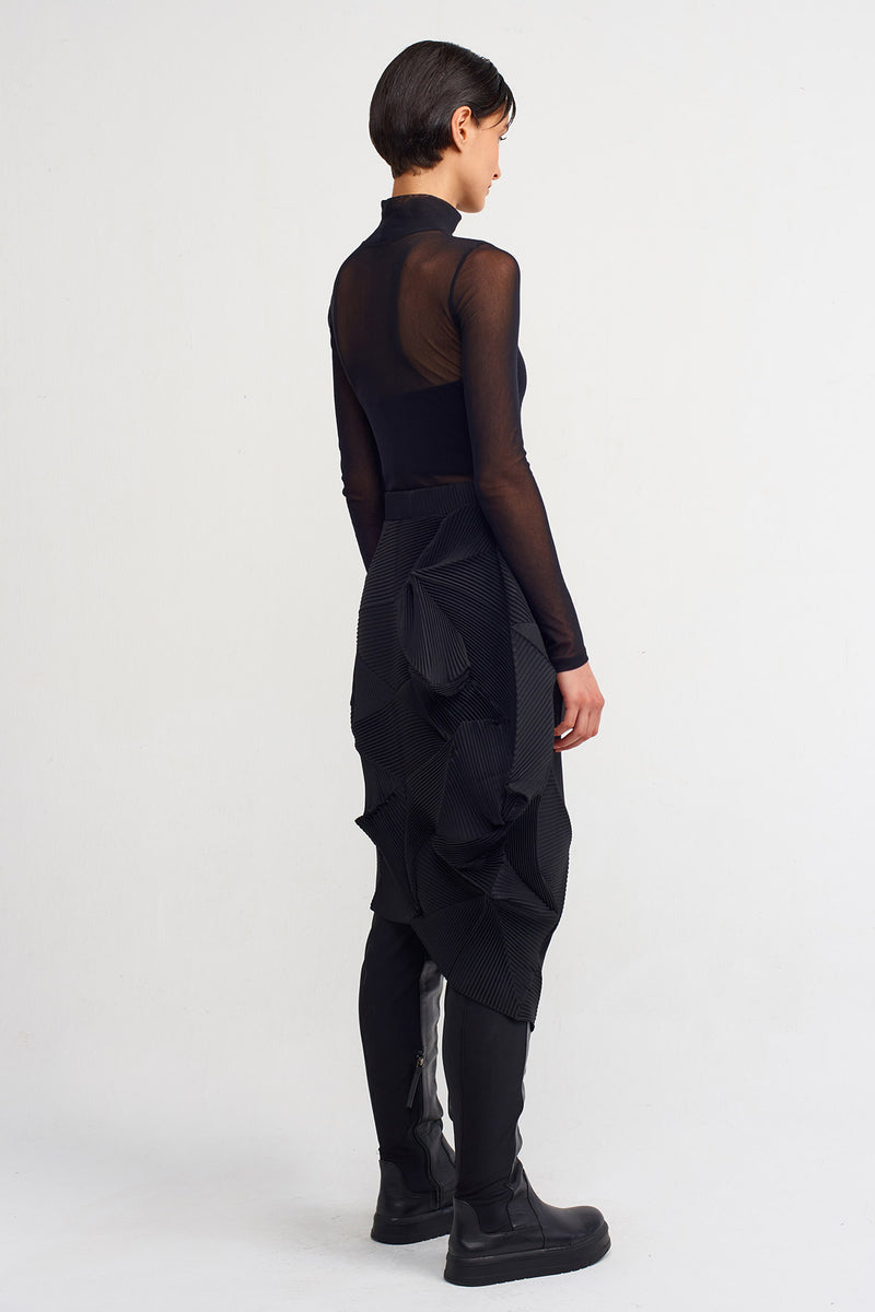 NU Asymmetric Midi Pleated Skirt Black