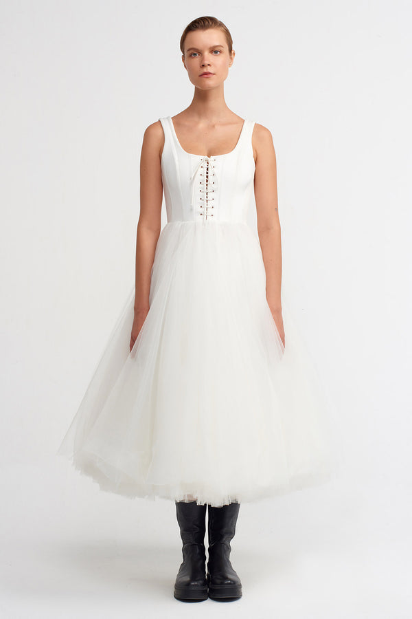NU Corset Detailed Flared Tulle Dress Off White