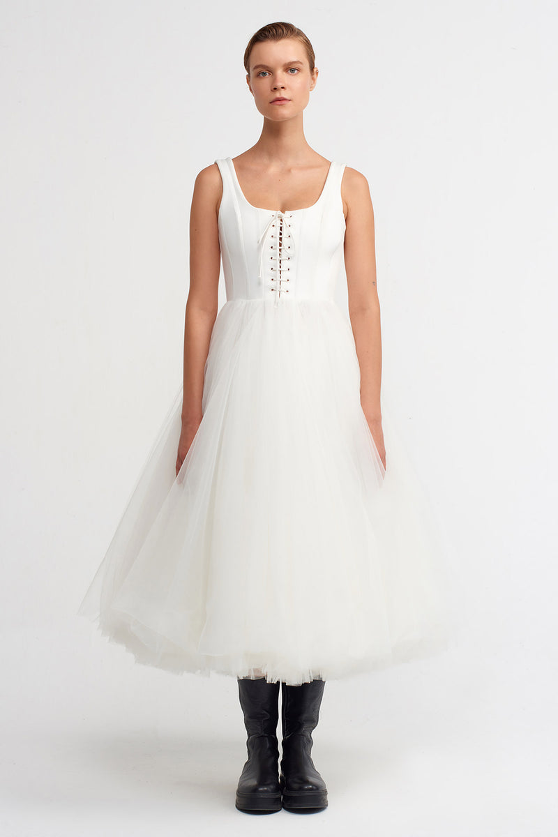 NU Corset Detailed Flared Tulle Dress Off White