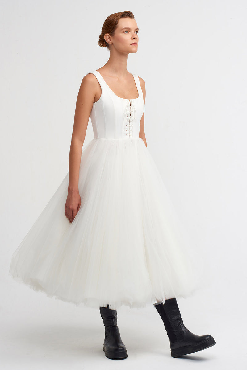 NU Corset Detailed Flared Tulle Dress Off White