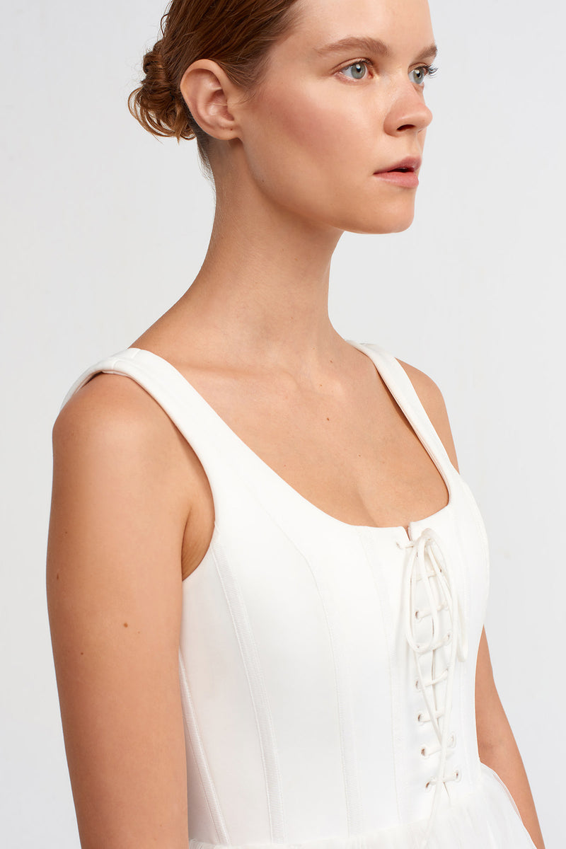 NU Corset Detailed Flared Tulle Dress Off White