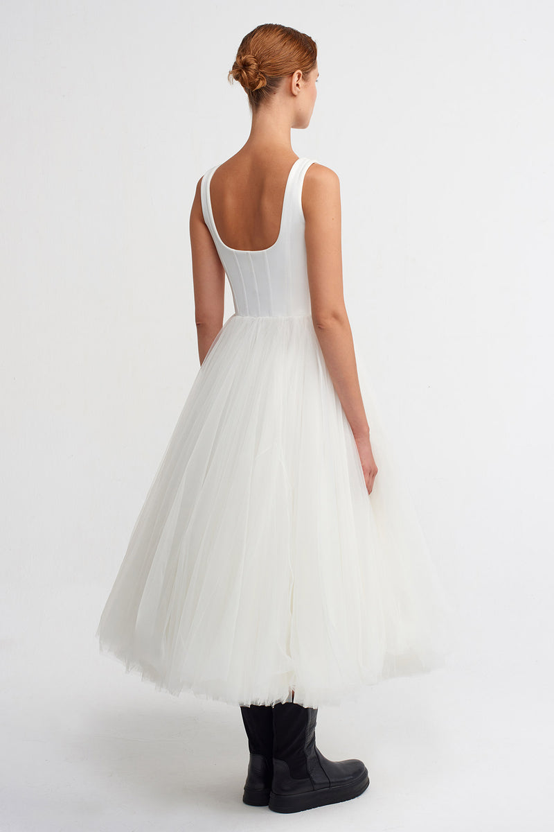 NU Corset Detailed Flared Tulle Dress Off White