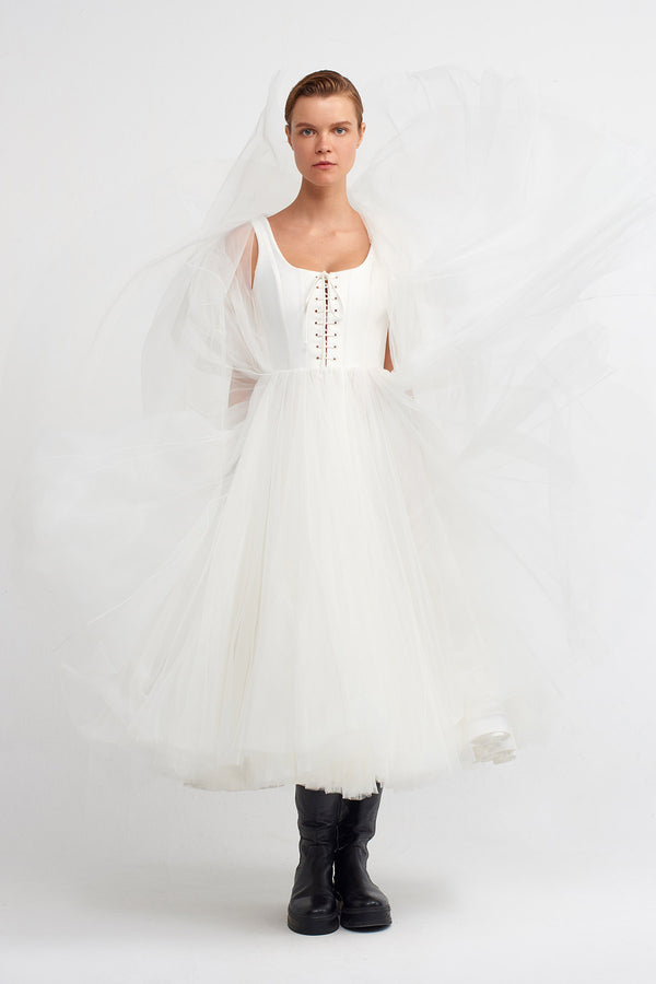 NU Corset Detailed Flared Tulle Dress Off White