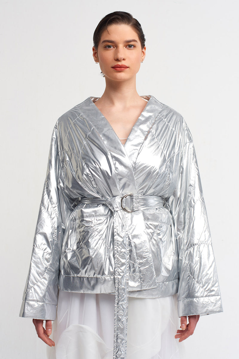 NU Metallic Belted Waist Jacket Silver