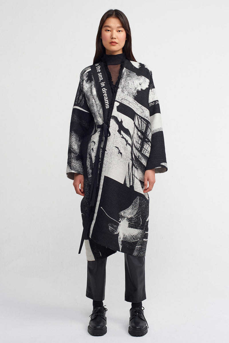 NU Print Pattern Kimono Coat Black