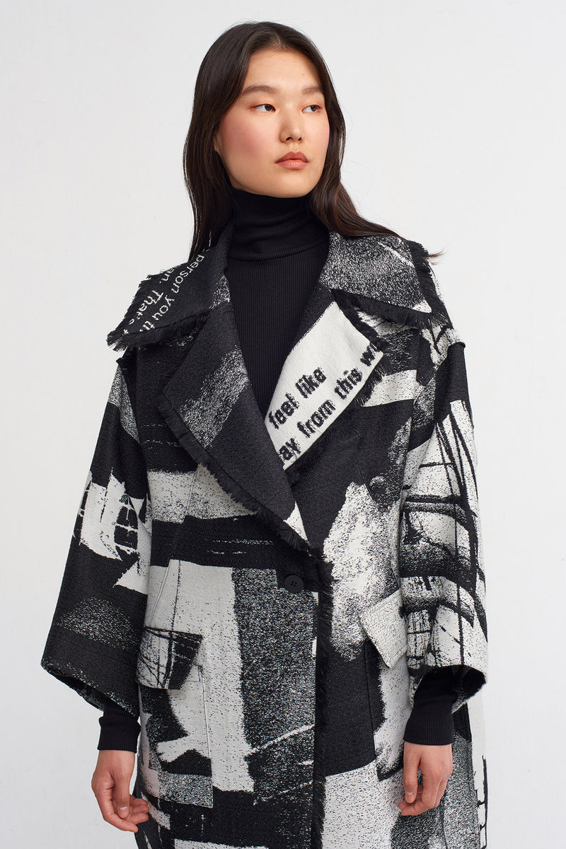NU Printed Pattern Midi Coat Black