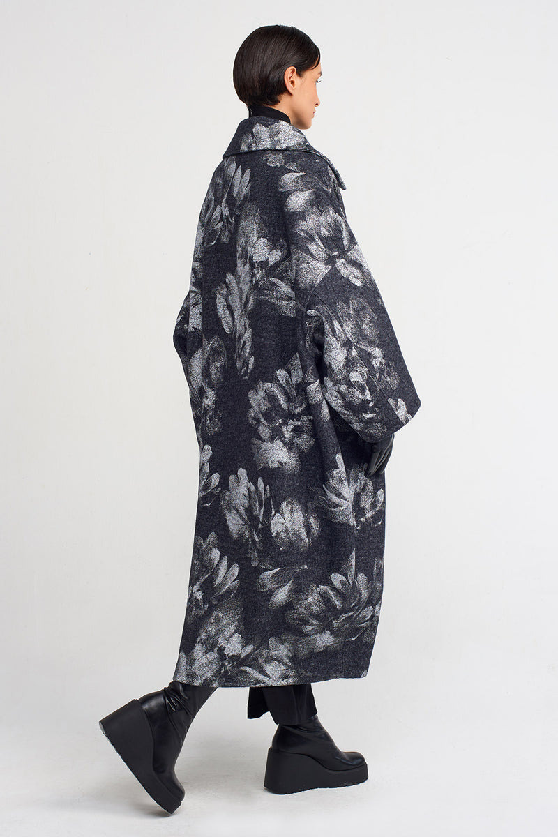 Nu Floral Print Stylish Coat Dark Grey Melange