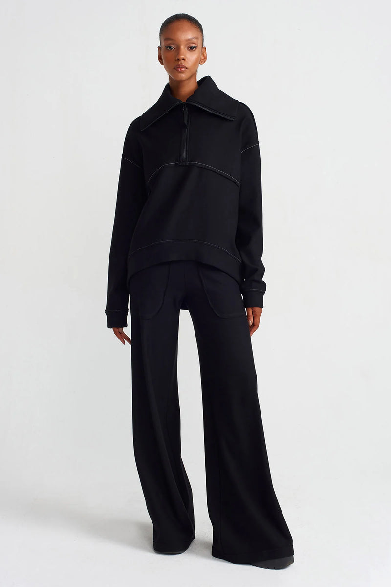 NU Zip Neck Contrast Stitch Sweatshirt Black