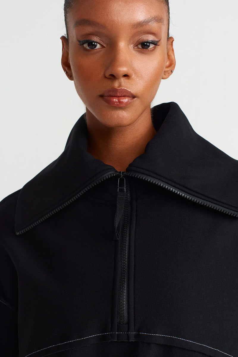 NU Zip Neck Contrast Stitch Sweatshirt Black