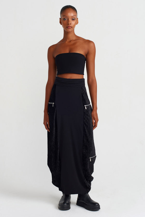 NU Zip Detail Velvet-Jersey Skirt Black