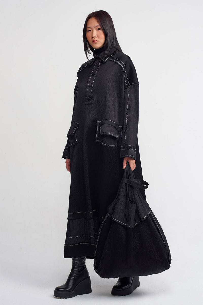 NU Contrast Stitch Crinkle Shirt Collar Dress Black