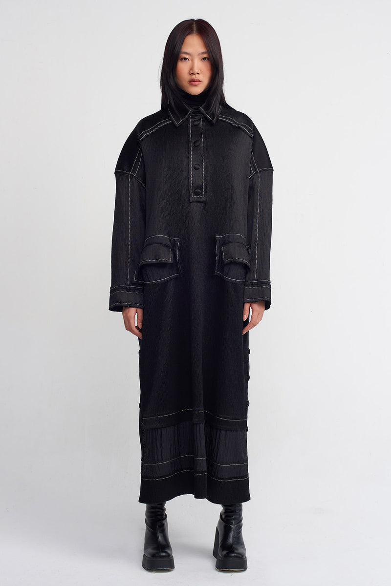 NU Contrast Stitch Crinkle Shirt Collar Dress Black