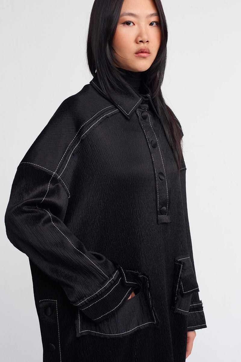 NU Contrast Stitch Crinkle Shirt Collar Dress Black