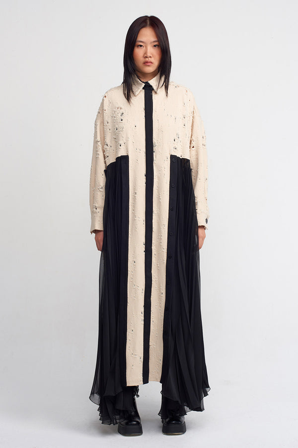 NU Frayed Gabardine, Pleated Detailed Long Dress Natural/Black