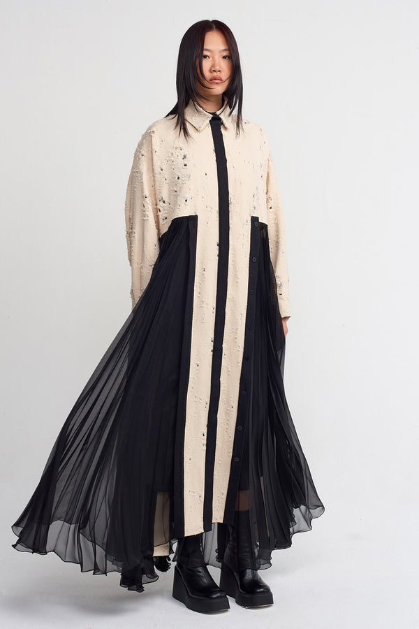 NU Frayed Gabardine, Pleated Detailed Long Dress Natural/Black
