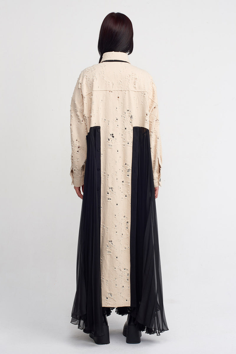 NU Frayed Gabardine, Pleated Detailed Long Dress Natural/Black