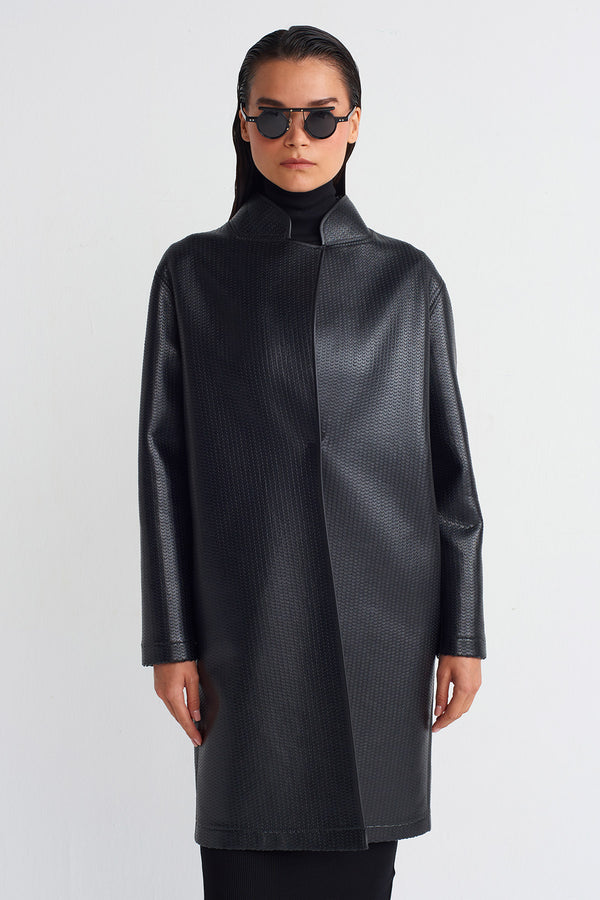 NU Textured Leather Long Jacket Black
