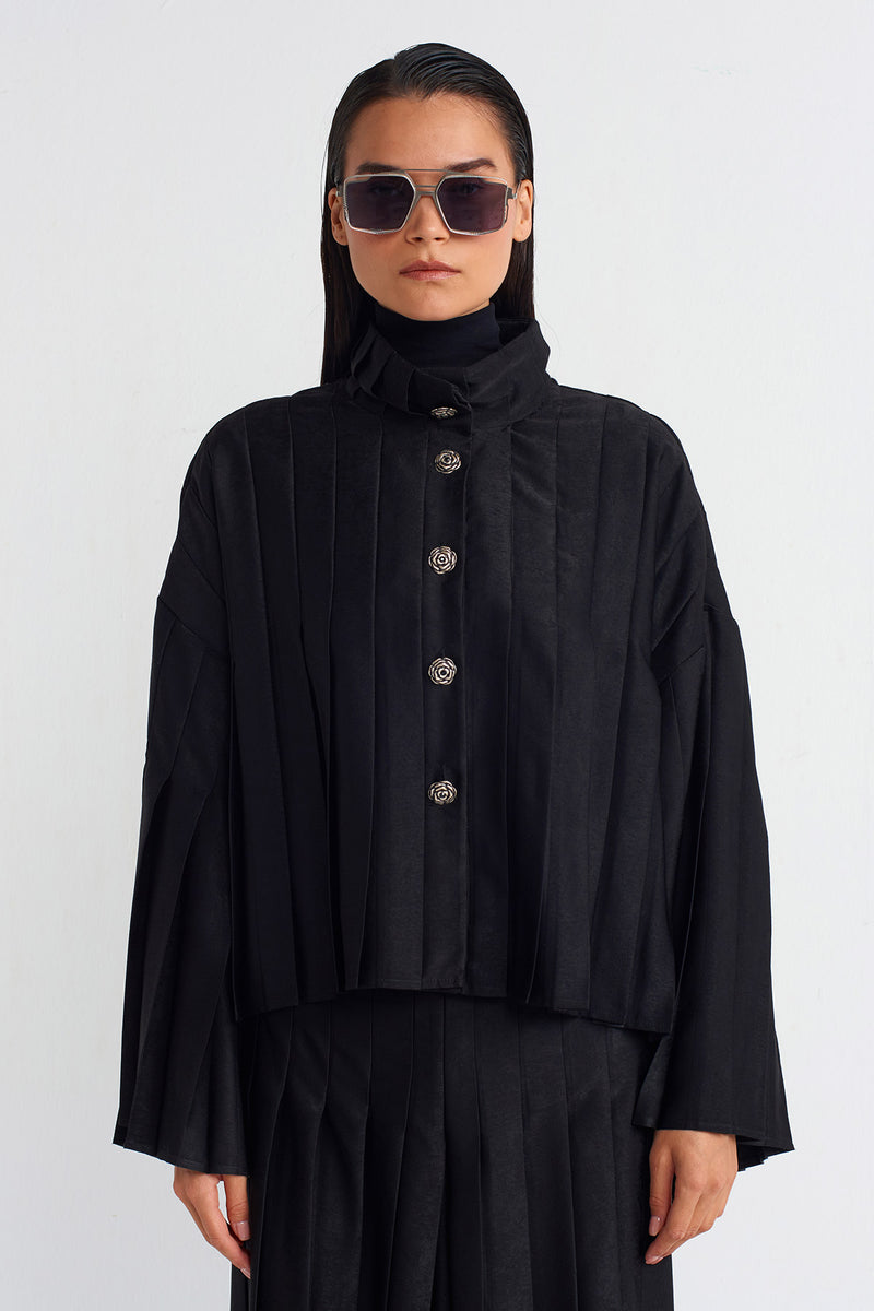 NU Velvet-Look Satin Pleated Jacket Black