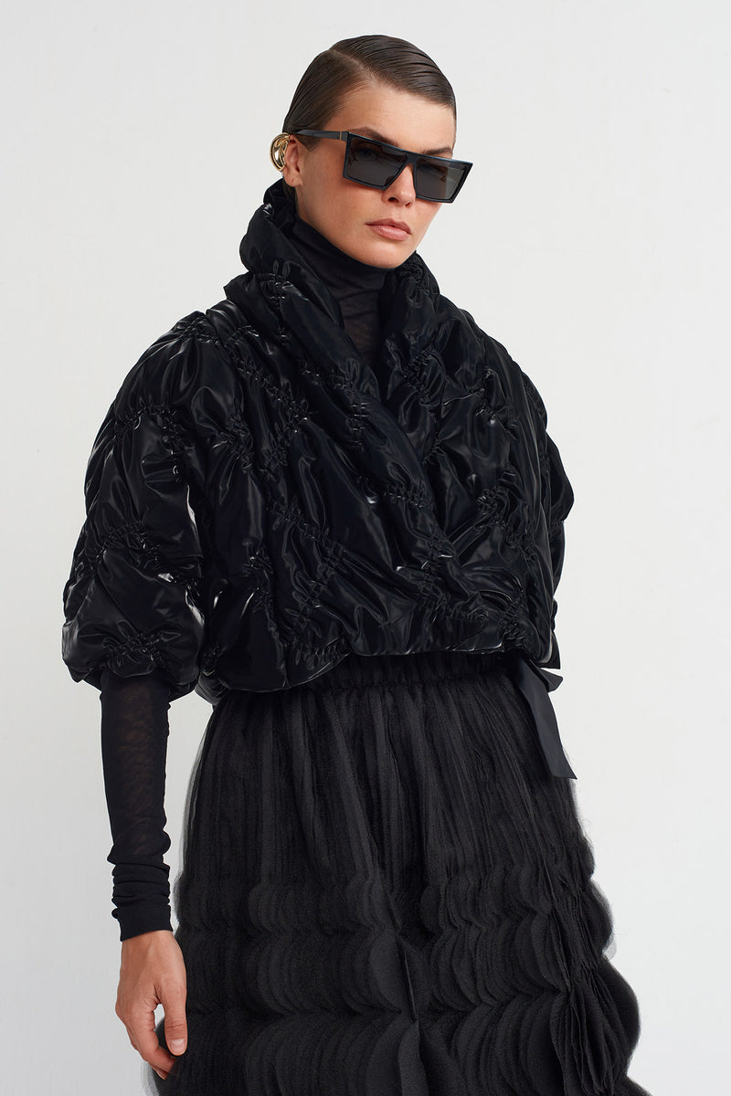 NU Shiny Fabric Quilted Crop Jacket Black