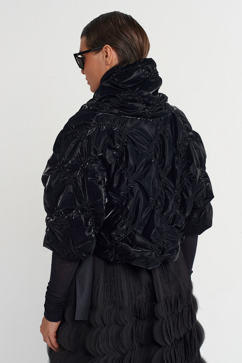 NU Shiny Fabric Quilted Crop Jacket Black