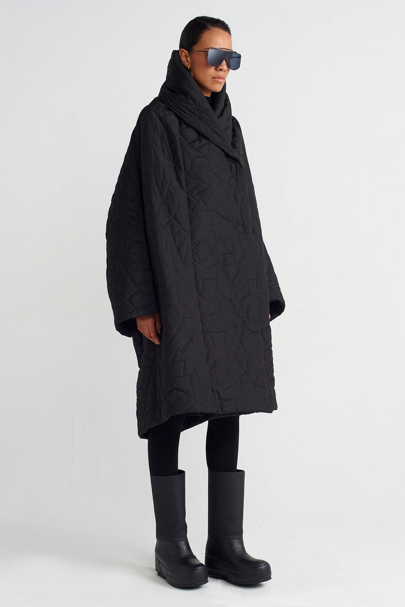 NU Irregular Quilted High Neck Coat Black