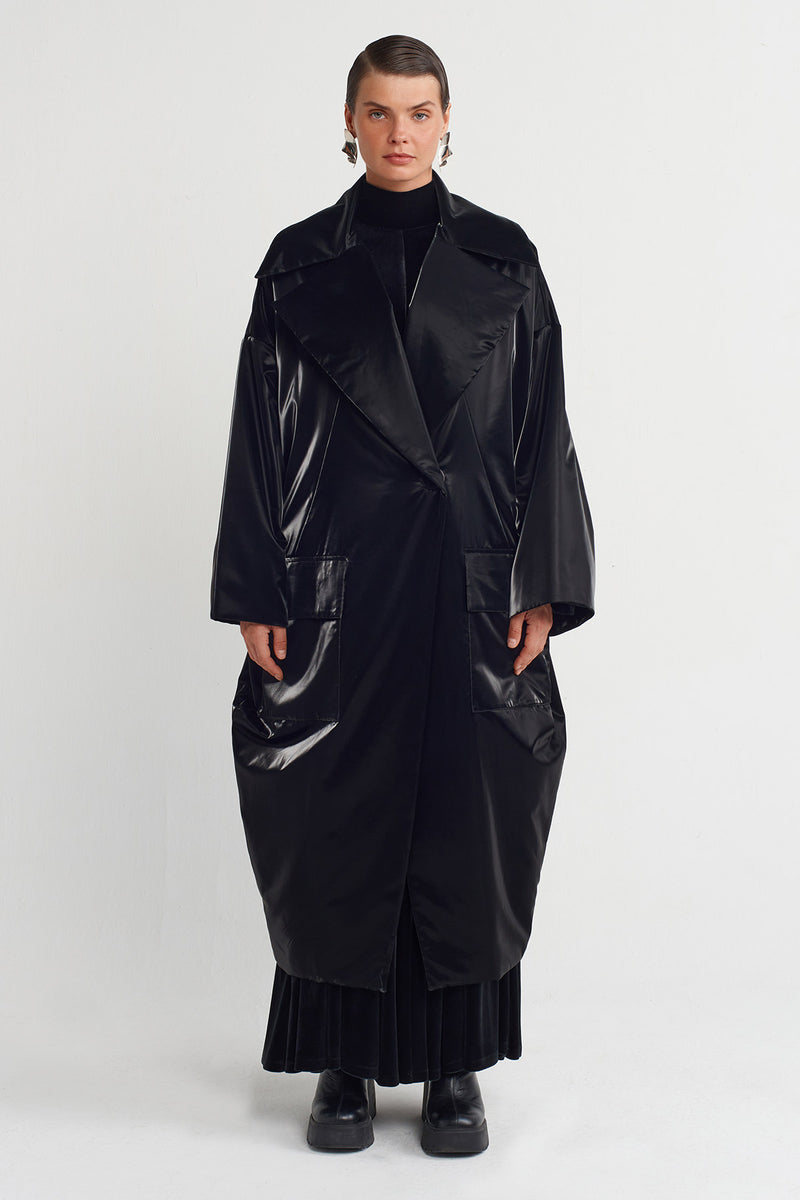 NU Shiny Fabric Long Coat Black