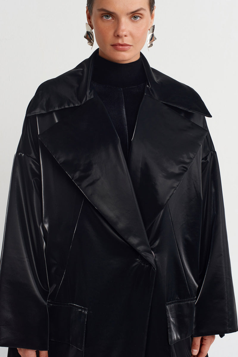 NU Shiny Fabric Long Coat Black