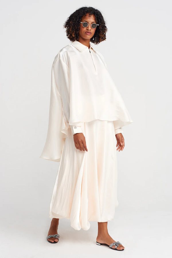 Nu Zippered Shirt Collar Loose Blouse Ecru
