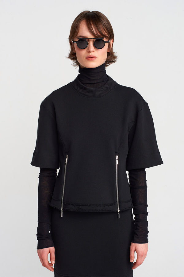 Nu Zipper Detailed Thick Fabric T-Shirt Black