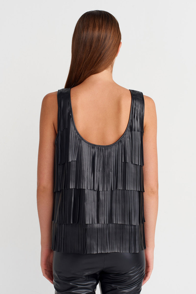 Nu Vegan Leather Fringe Blouse Black