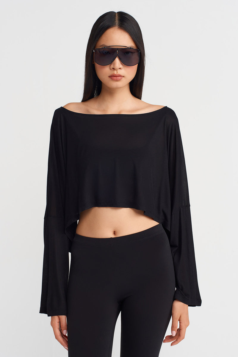 Nu Long Sleeve Bamboo Crop Blouse Black