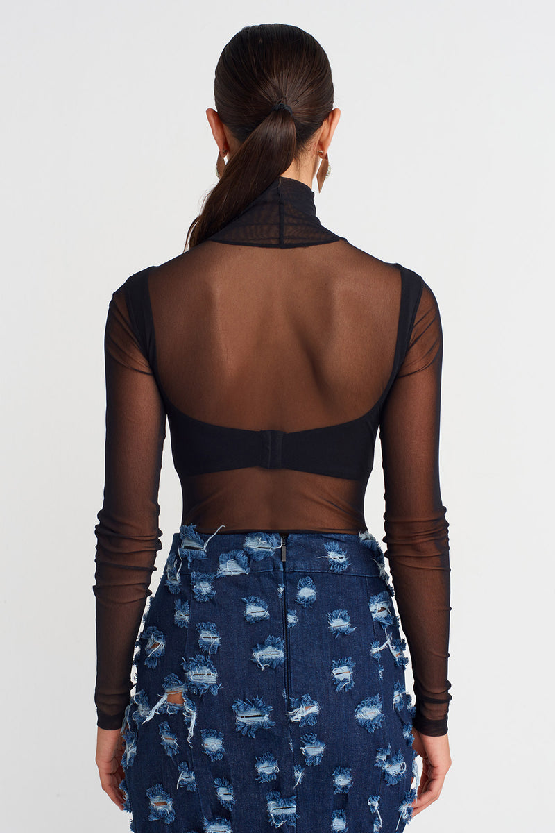 NU Sheer Bodysuit With Inner Bustier  Black