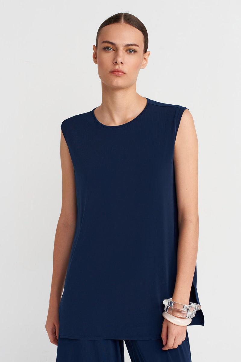 Nu Side Slit Jersey Blouse Blue+Black