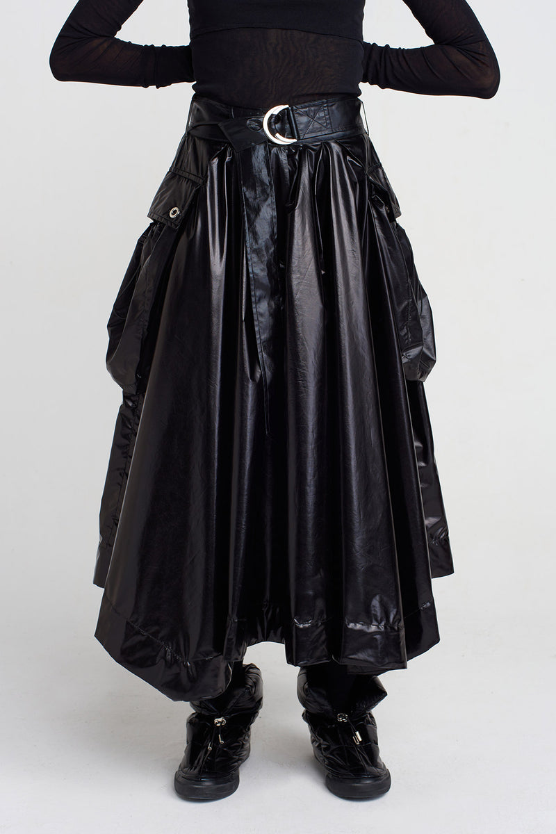 Nu Belted And Pocket Shiny Skirt Black