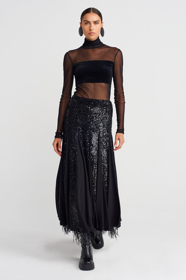 Nu Embroidered Sequin Long Elegant Skirt Black