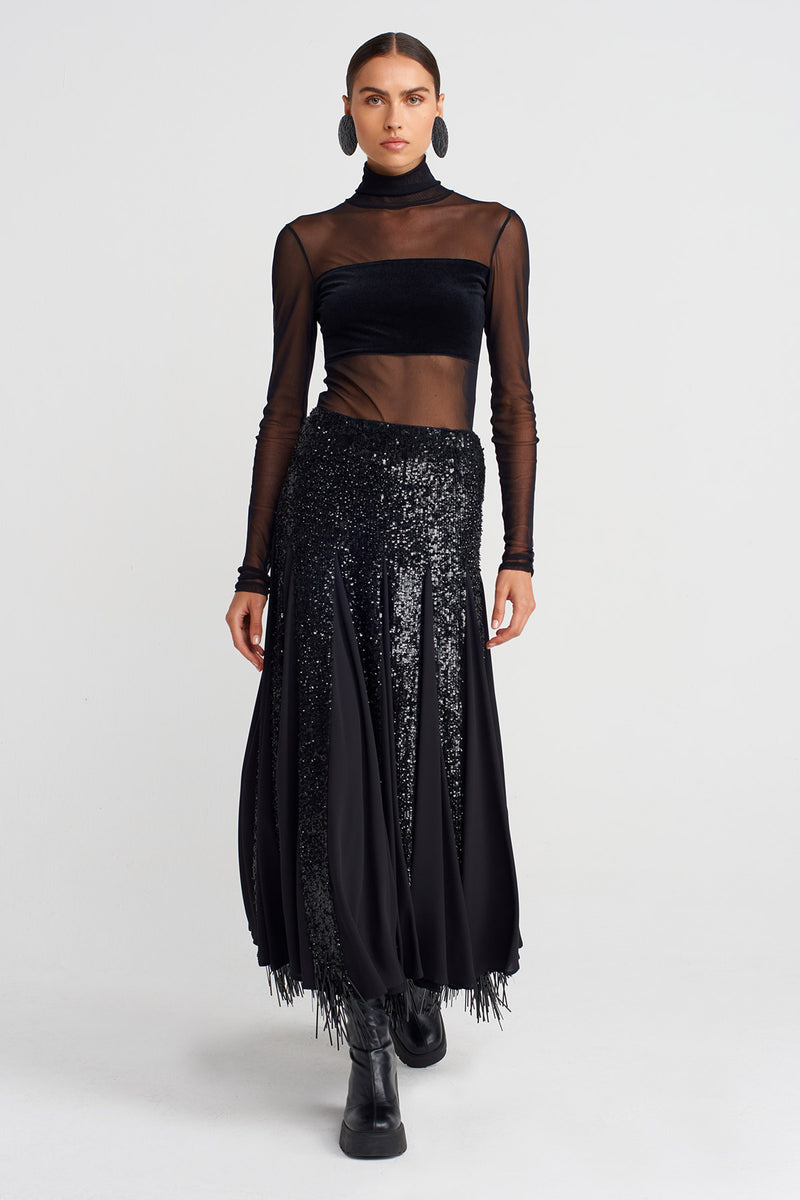 Nu Embroidered Sequin Long Elegant Skirt Black