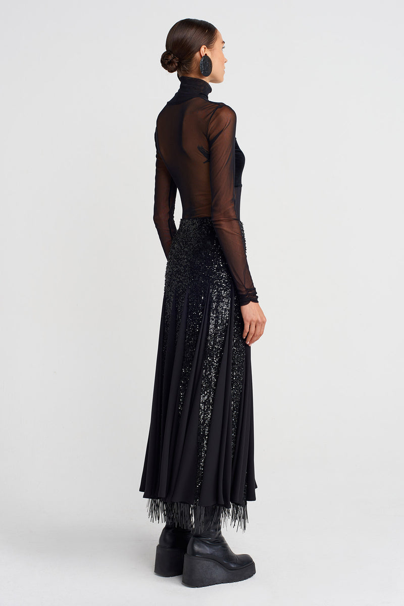 Nu Embroidered Sequin Long Elegant Skirt Black