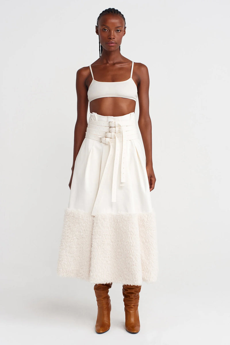 NU Multi-Belted Denim-Fur Combination Skirt Off White