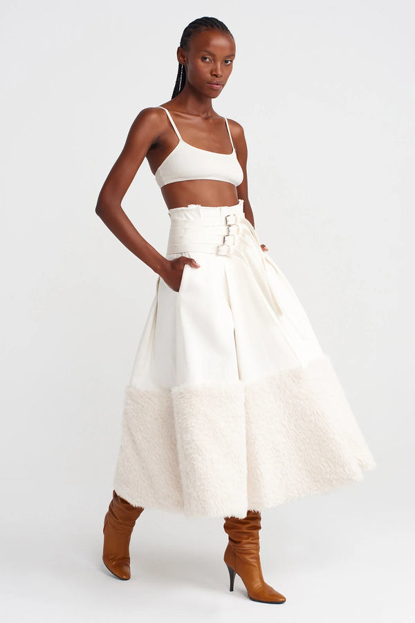 NU Multi-Belted Denim-Fur Combination Skirt Off White