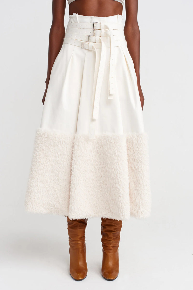 NU Multi-Belted Denim-Fur Combination Skirt Off White