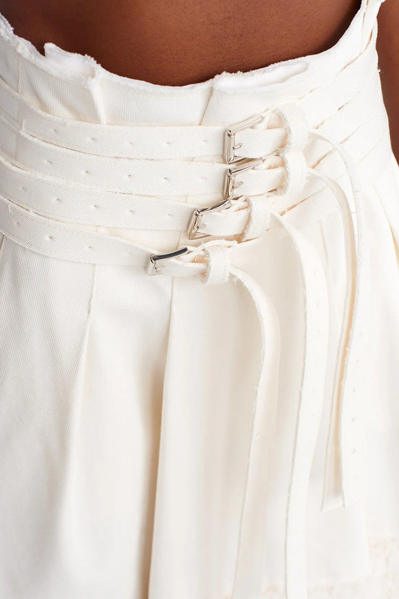 NU Multi-Belted Denim-Fur Combination Skirt Off White
